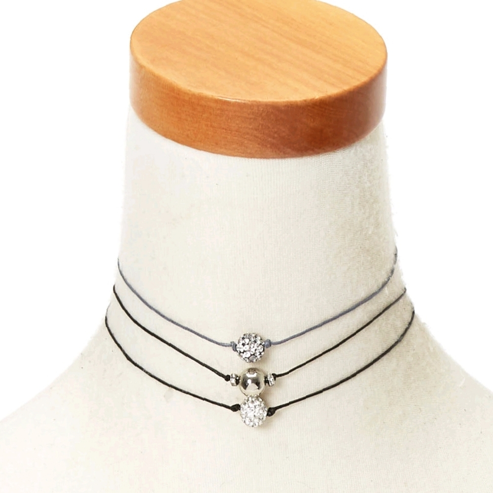 SILVER FIREBALL CHOKER NECKLACES - BLACK, 3 PACK